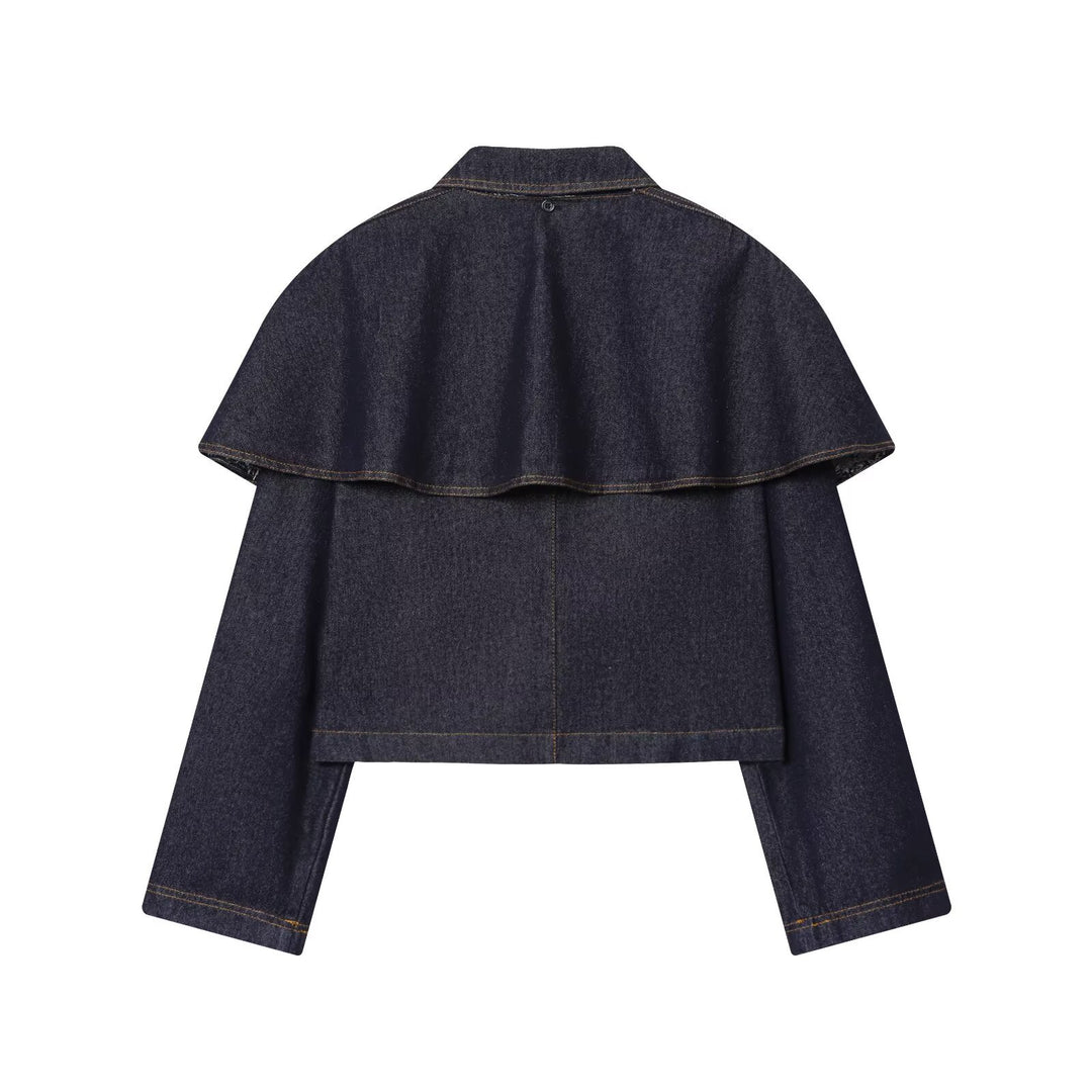 Women's Short Jeans Jacket with Cape Insert, Flap Pockets and Snap Buttons Mune Fashion