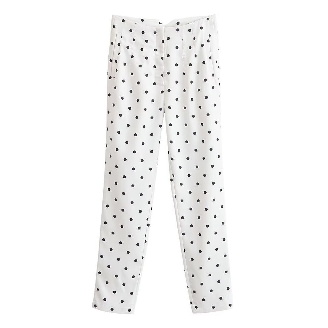 Women's Tailored Fabric Trousers with Narrow Leg, Pleats and Polka Dot Pattern Mune Fashion