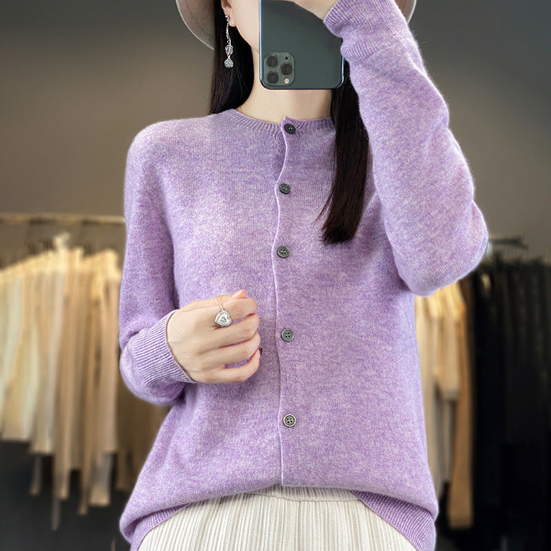 Women Lightweight Fine Knit Cardigan with Cashmere Look, Round Neckline and Hidden Button Placket Mune Fashion