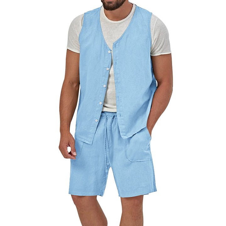Men's two-piece leisure set with sleeveless button vest and wide drawstring shorts with patch pockets Mune Fashion