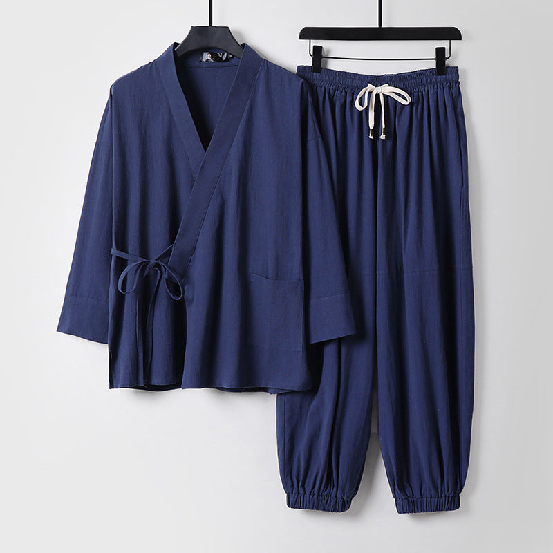 Unisex Relaxed Kimono Set with Wrap Jacket, Three-Quarter Sleeves and Elastic Cord Drawstring Pants Mune Fashion