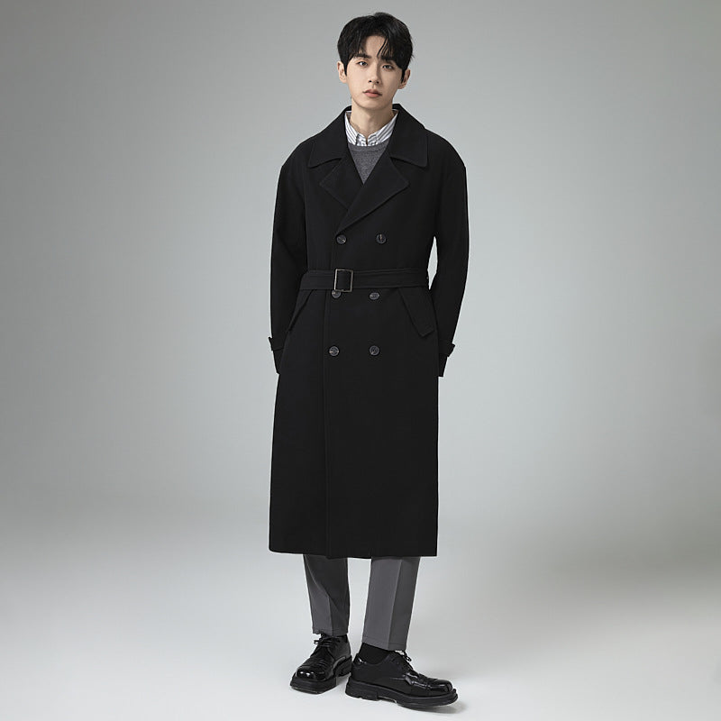 Men's Maxi-Length Trench Coat with Shaping Belt and Minimalist Silhouette Mune Fashion