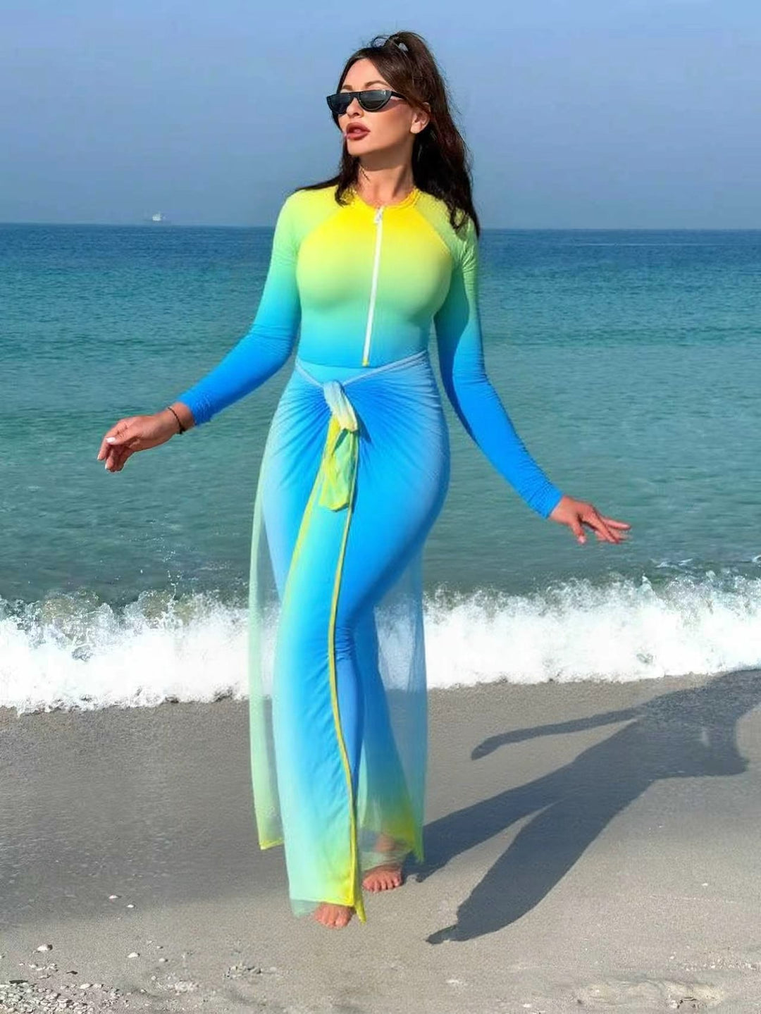 Women’s sporty long-sleeve swimsuit with zipper and wrap look Mune Fashion