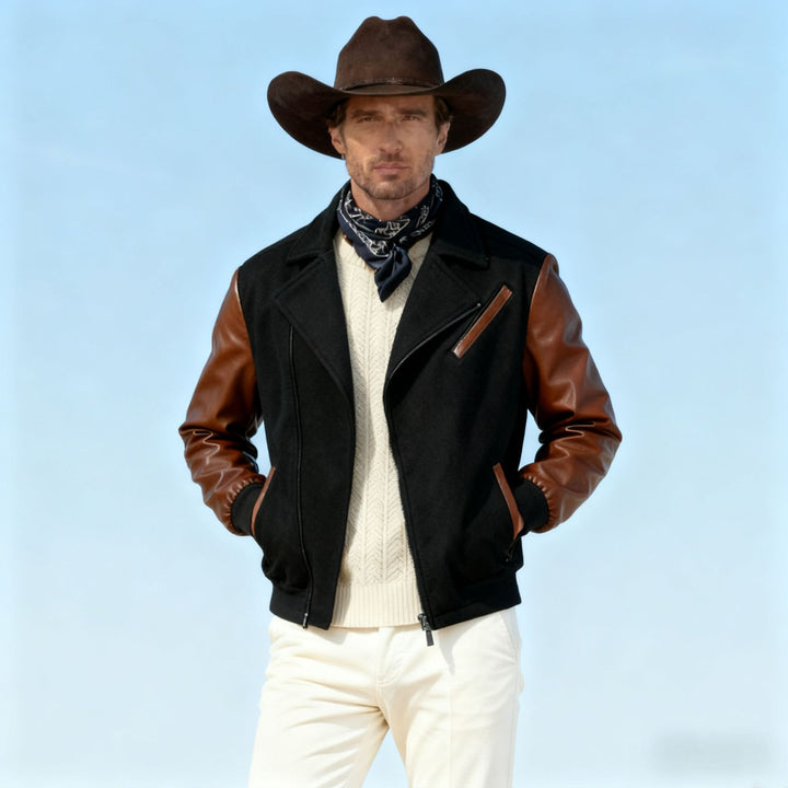 Men's short jacket in aviator style with contrast sleeves and asymmetric zipper Mune Fashion