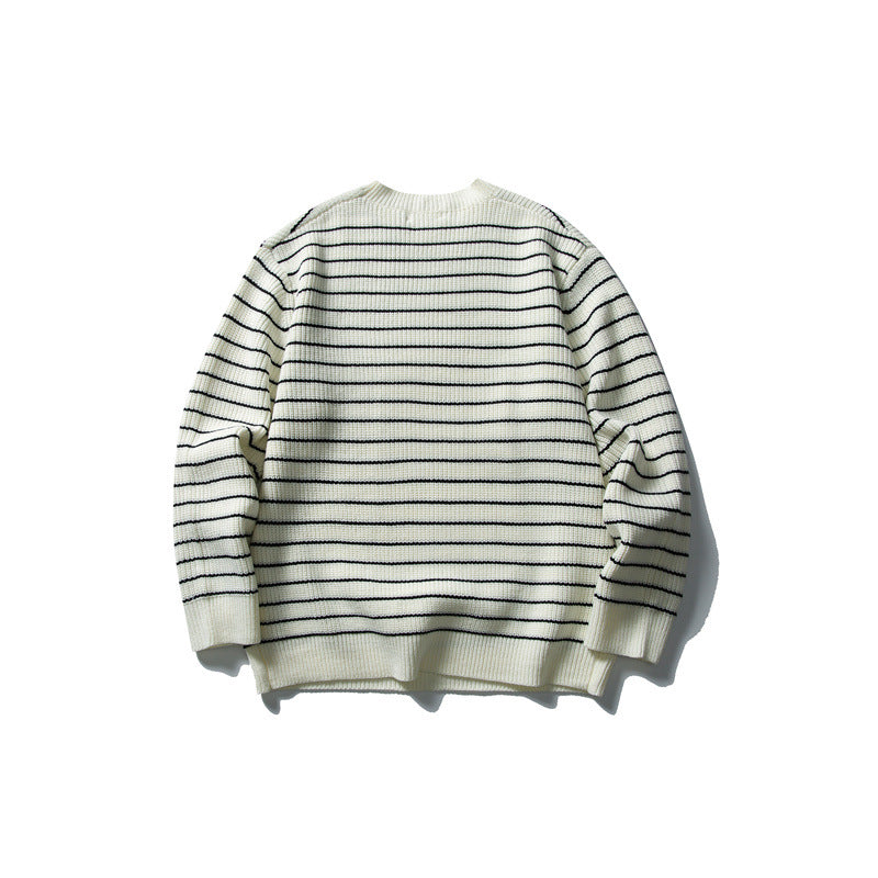 Unisex wide rib knit sweater with maritime stripe pattern and straight hem Mune Fashion