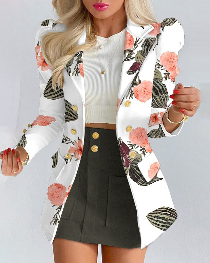 Women Two-piece checked blazer and mini skirt set with accentuated puff sleeves and gold buttons Mune Fashion