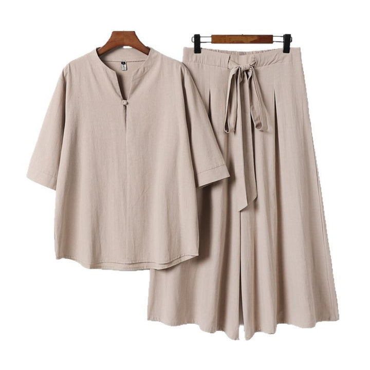 Women's Casual Linen-Viscose Lounge Set with Stand Collar Top and Wide Palazzo Pants Mune Fashion