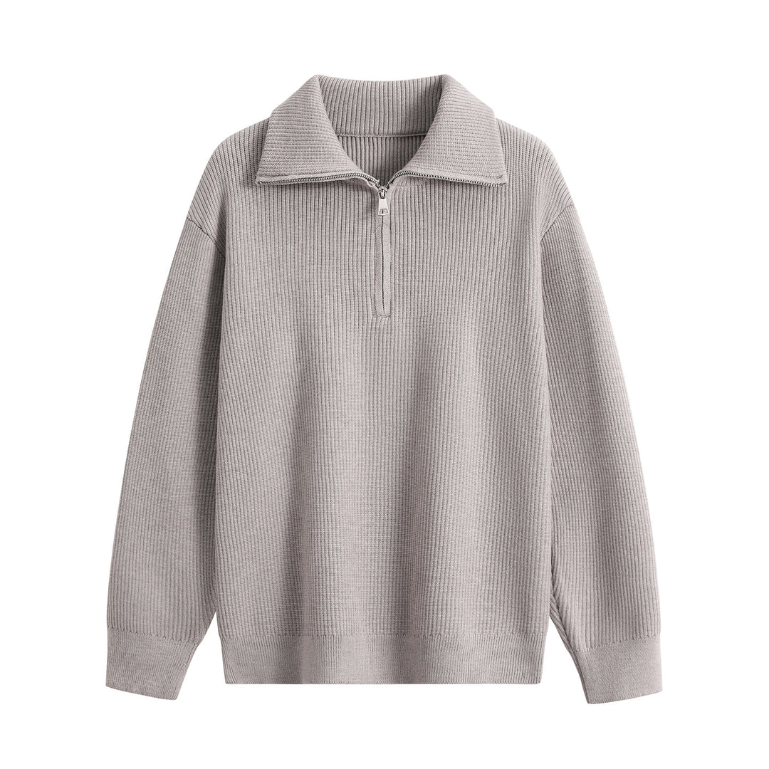Men's Half-Zip Knit Sweater with Ribbed Texture and Large Turn-Down Collar Mune Fashion