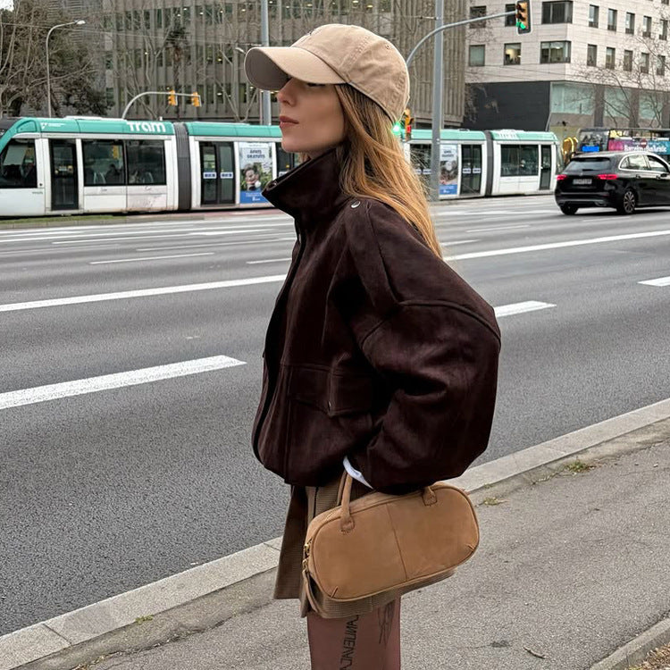 Women's Oversized Suede Bomber with Shoulder Epaulettes, Flap Pockets and High Stand-Up Collar Mune Fashion