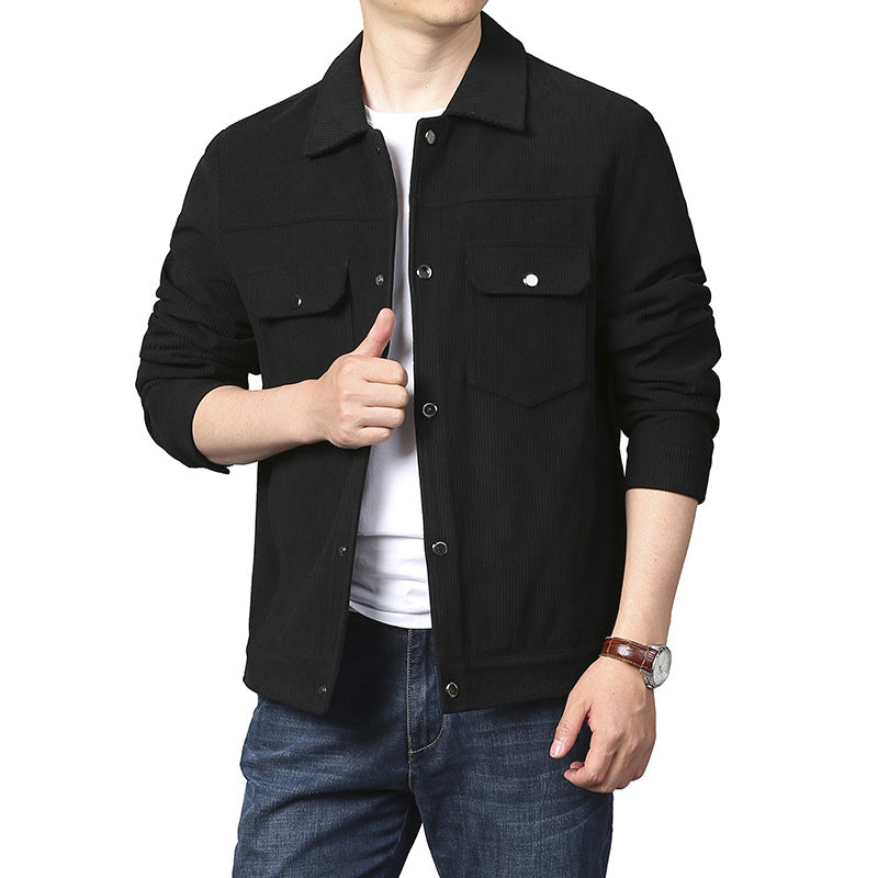Men's Cord Worker Jacket in Trucker Style with Snap Button Closure and Flap Pockets Mune Fashion