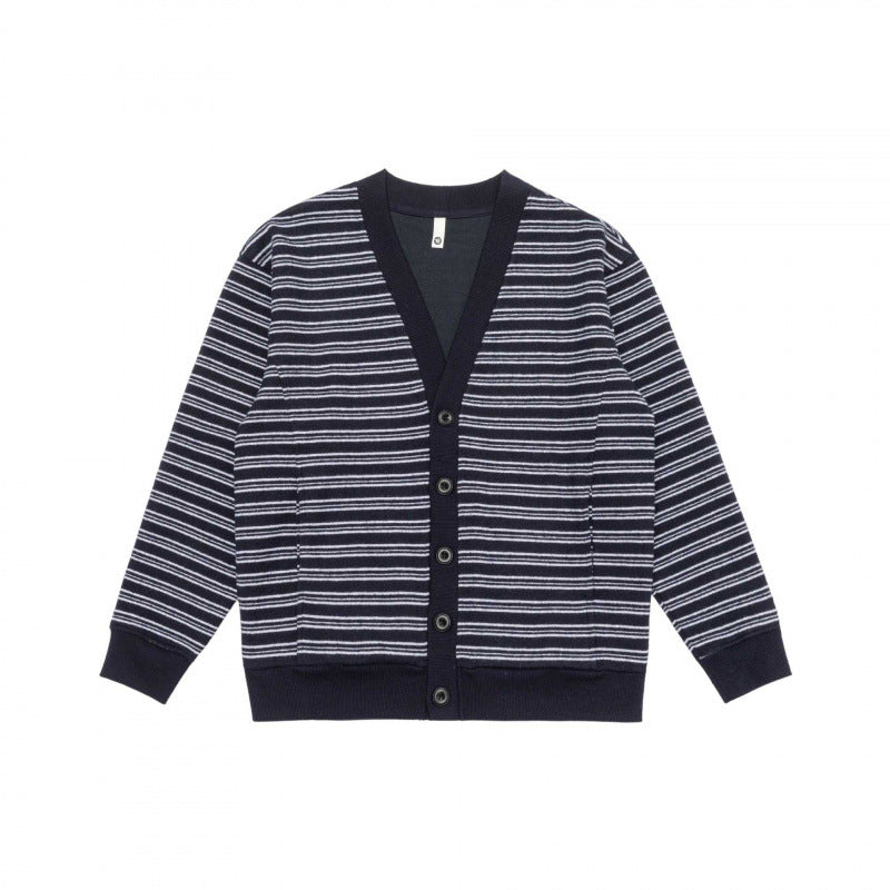 Unisex Striped Boxy Cardigan with V-Neck, Button Placket, and Ribbed Cuffs Mune Fashion