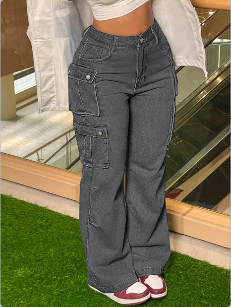 Women's Cargo Denim Pants with Wide Leg, High Waist & Multifunctional Flap Pockets Mune Fashion