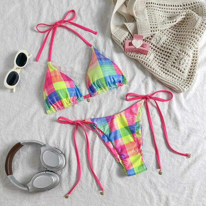 Women Multicolored Checkered Triangle Bikini with Side Ties Mune Fashion