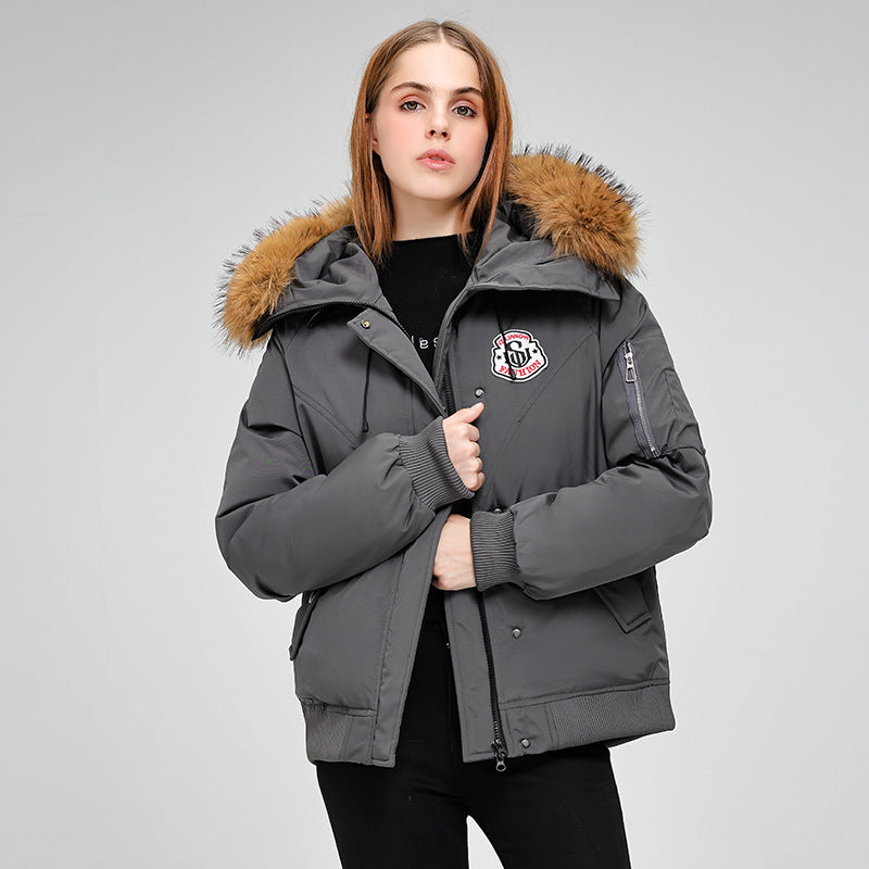 Women's short bomber-style parka jacket with removable fur hood and logo patch Mune Fashion