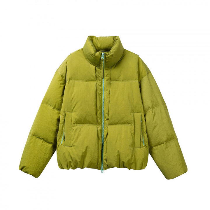Women Short Oversized Padded Jacket with High Stand-Up Collar and Contrast Zipper Mune Fashion
