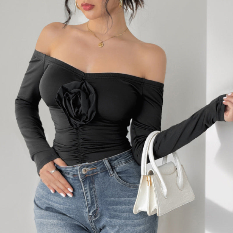 Women's Off-Shoulder Long Sleeve with Rose Appliqué and Tailored Gathering Mune Fashion