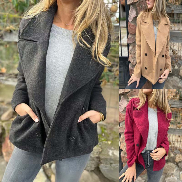 Women's short wool blend coat with large shawl collar, double-breasted button placket and side pockets Drune