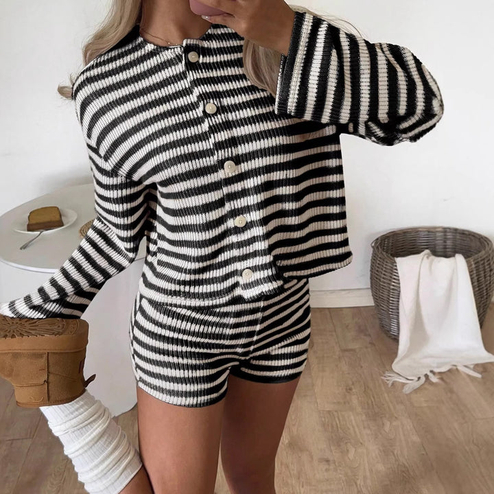 Women's striped fine knit loungewear set with button placket and high waist shorts Mune Fashion