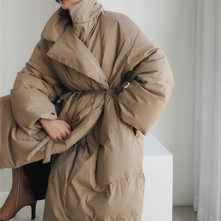 Women's Oversized Padded Maxi Coat with High Stand-Up Collar, Tie Belt and Windproof Filling Mune Fashion
