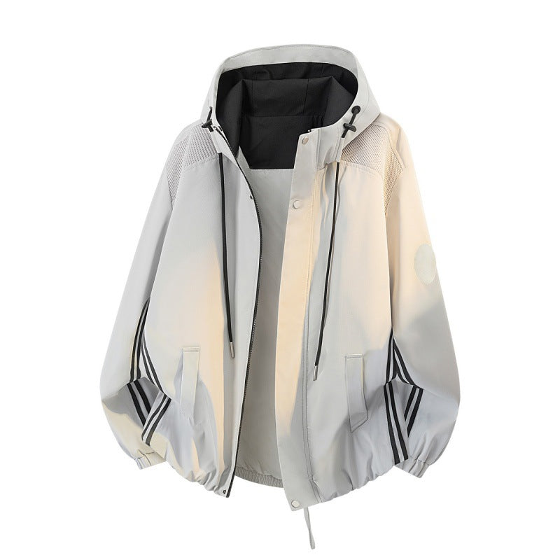 Men's sporty-urban oversized windbreaker jacket with hood, reflective insert stripes, and elastic hem Mune Fashion