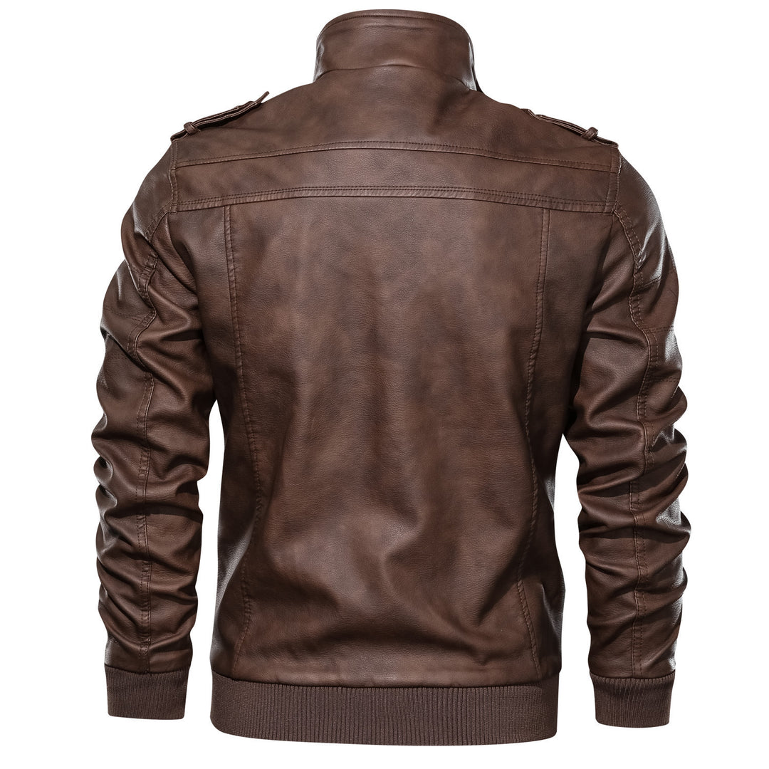 Men's biker pilot jacket made of faux leather with high collar, shoulder flaps, and ribbed cuffs Mune Fashion
