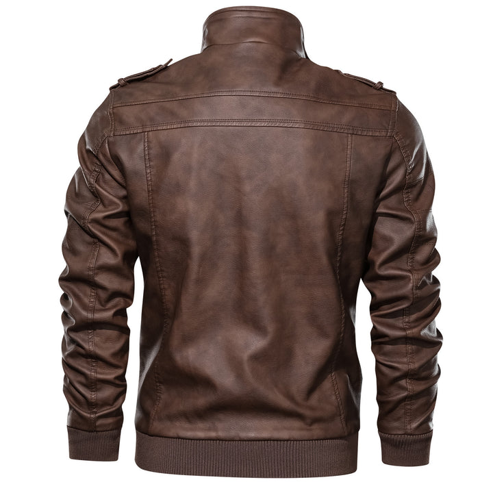 Men's biker pilot jacket made of faux leather with high collar, shoulder flaps, and ribbed cuffs Mune Fashion