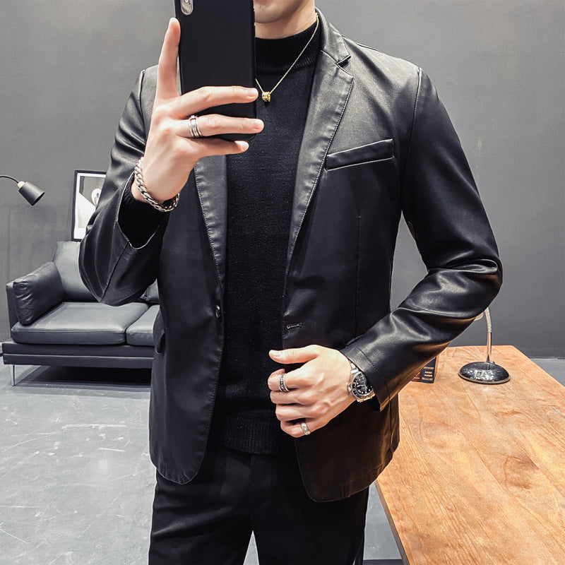Men's Slim-Fit Leather Blazer with Tailored Silhouette and Classic Lapel Collar Mune Fashion