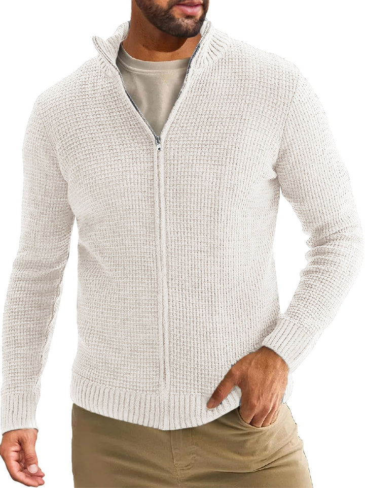 Men's Zip-Up Cardigan with Waffle Texture and Stand-Up Collar Mune Fashion