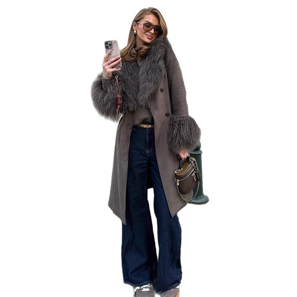 Women's coat made of suede leather look with voluminous faux fur shawl collar, fur cuffs & waist belt Mune Fashion