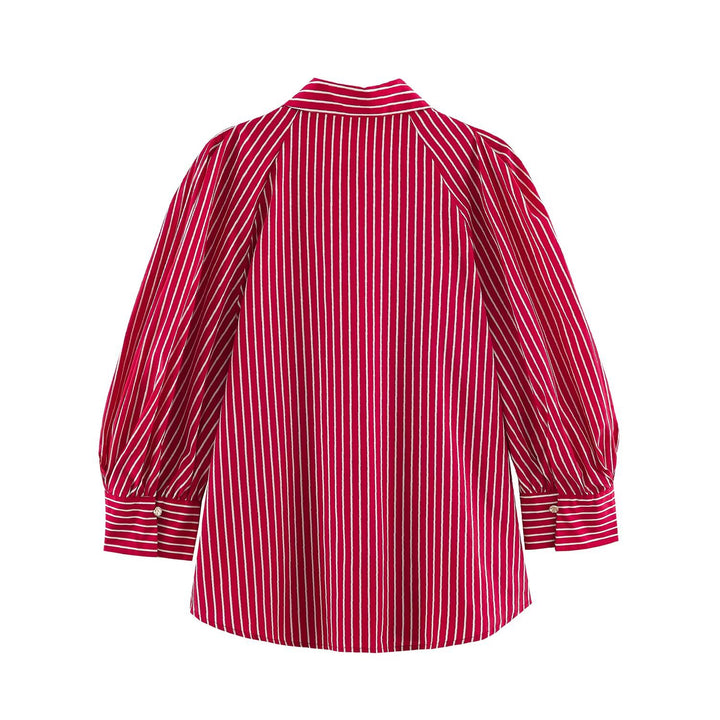 Women's Striped Oversized Shirt Blouse with Emphasized Puff Sleeves Drune
