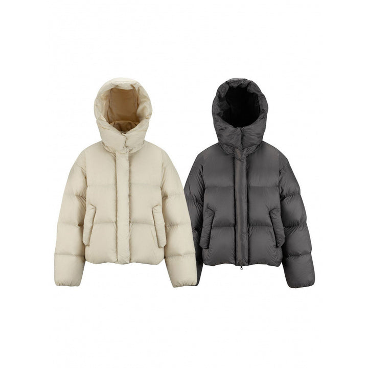 Women's Short Padded Crop Quilted Jacket with Volume Hood and Concealed Snap Placket Mune Fashion