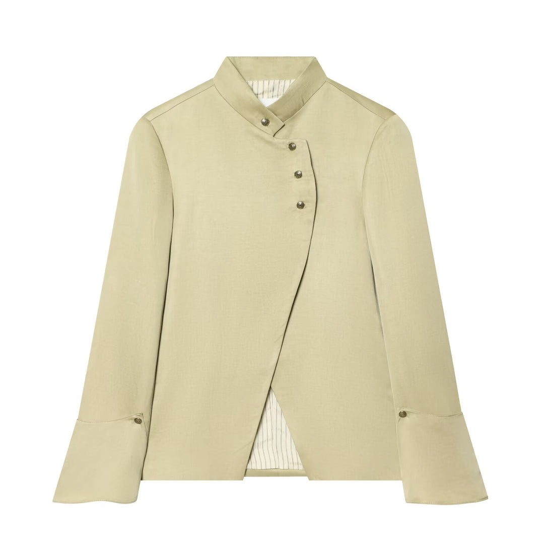 Women Asymmetrical Short Blazer with Stand Collar and Decorative Button Placket Mune Fashion