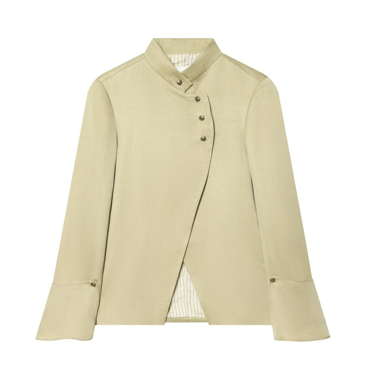 Women Asymmetrical Short Blazer with Stand Collar and Decorative Button Placket Mune Fashion