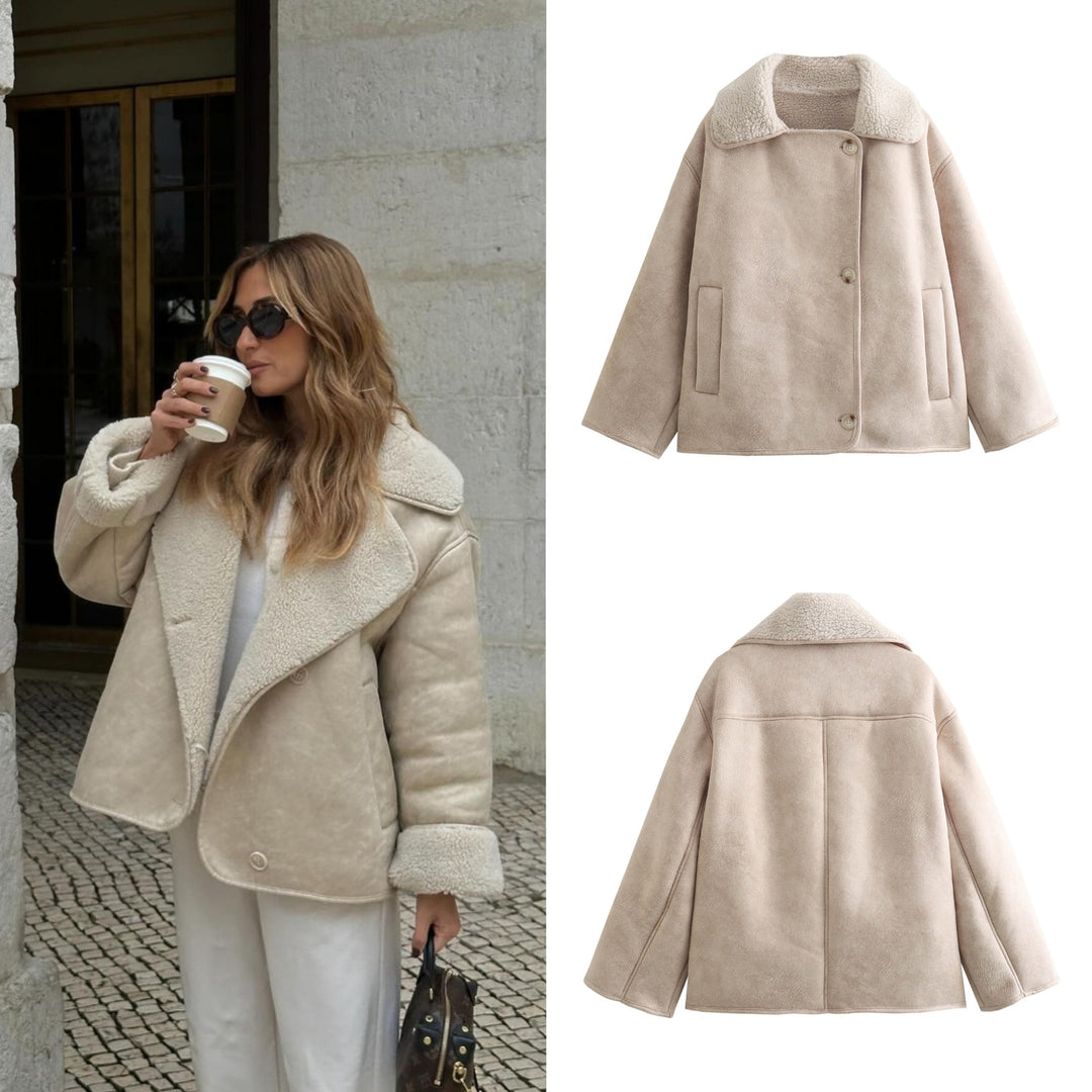 Ladies Boxy Jacket in Sheepskin Look with Teddy Lining and Large Lapel Mune Fashion