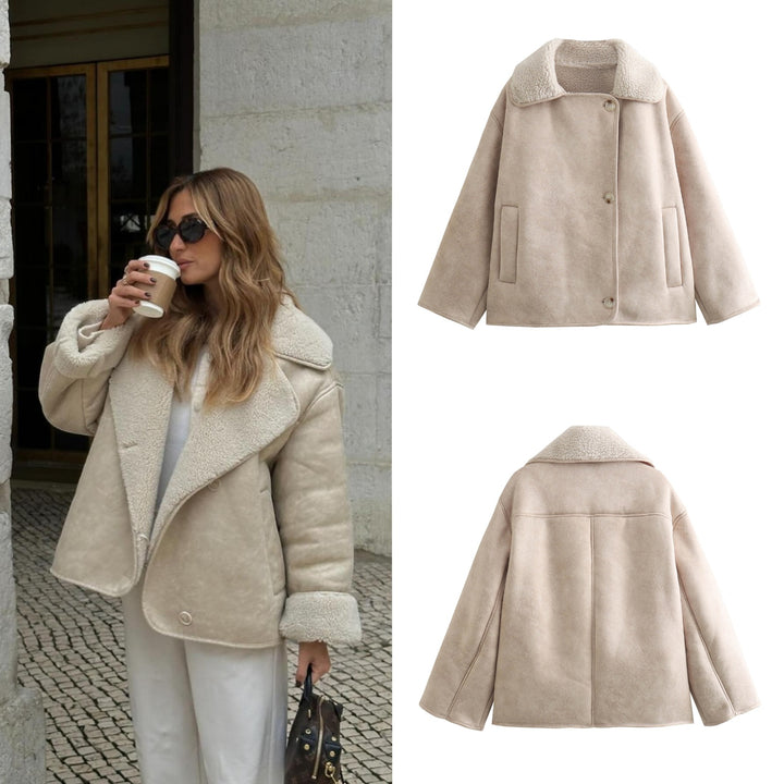 Ladies Boxy Jacket in Sheepskin Look with Teddy Lining and Large Lapel Mune Fashion