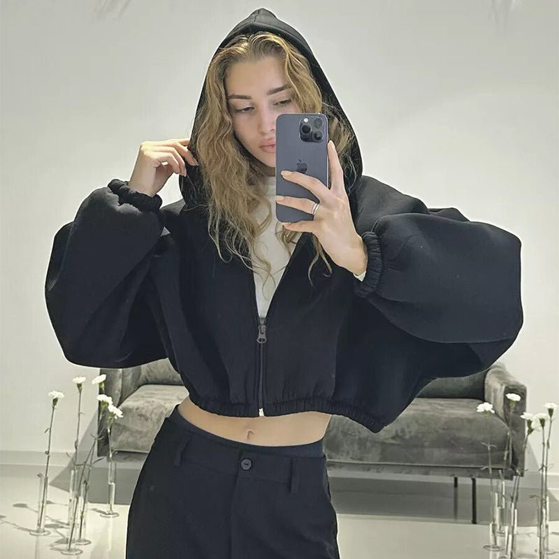 Women's oversized hooded jacket short cut with elastic hem and balloon sleeves Mune Fashion