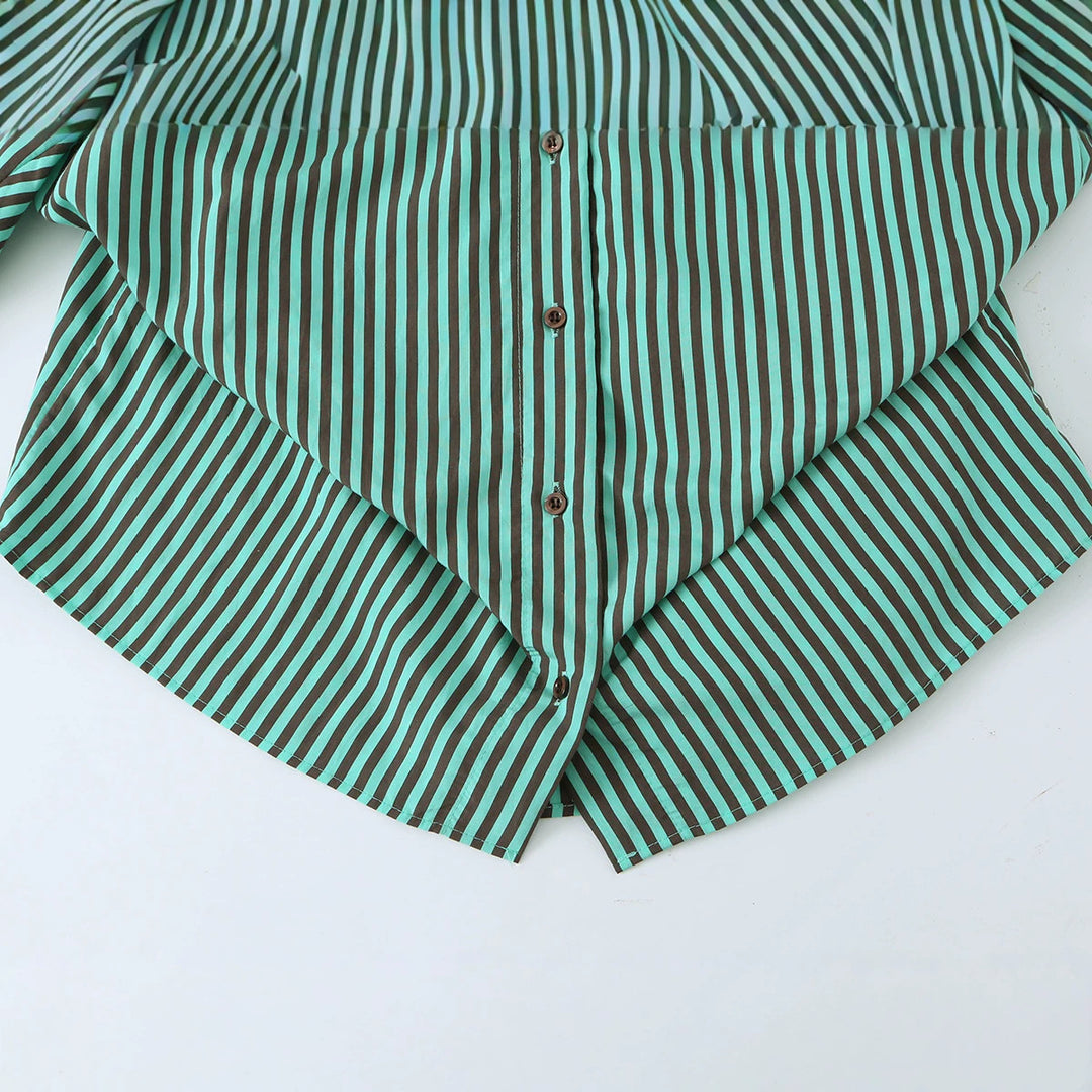 Women's oversized shirt with diagonal striped design, asymmetrical hem, and chest pocket Mune Fashion