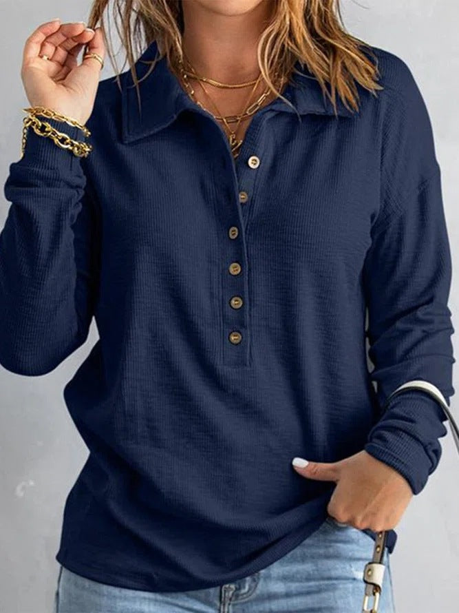 Women's Long Sleeve Waffle Shirt with Shirt Collar and Button Placket Drune