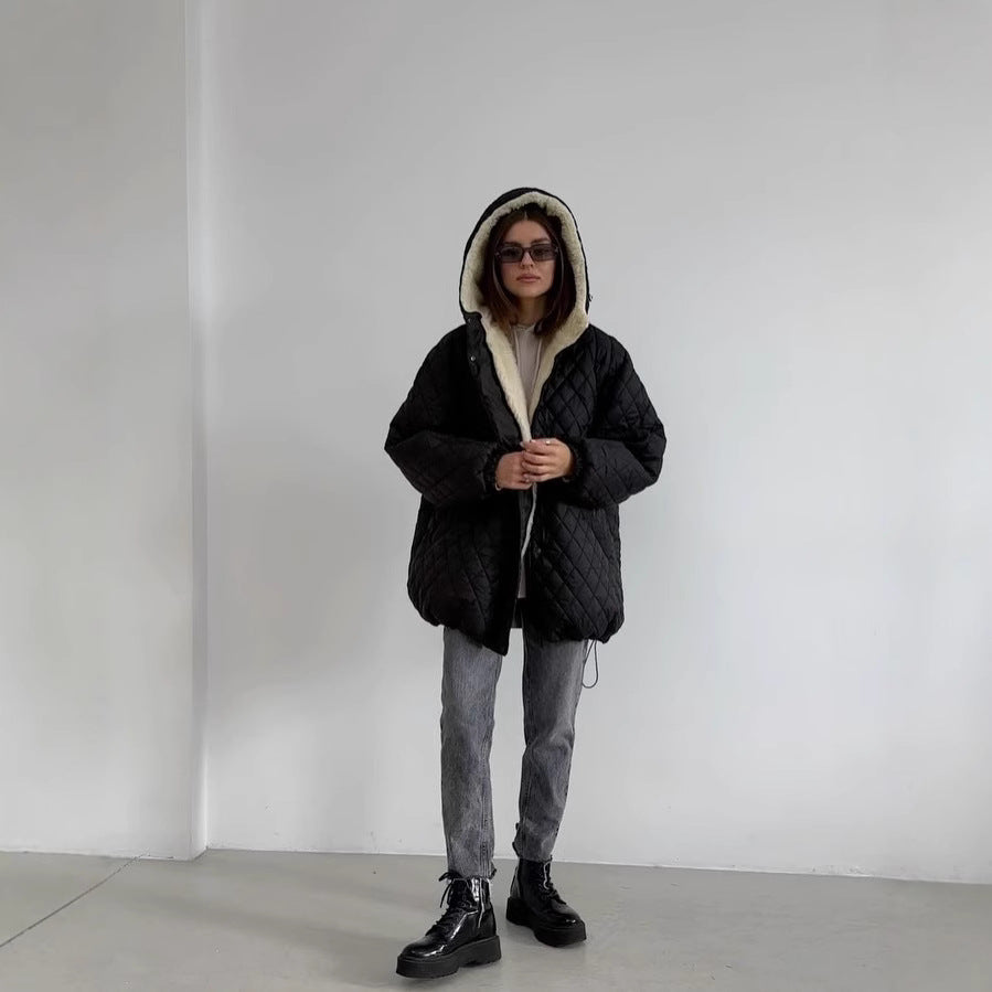 Women's Oversize Quilted Jacket with Teddy Lining and Hood Mune Fashion