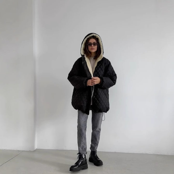 Women's Oversize Quilted Jacket with Teddy Lining and Hood Mune Fashion