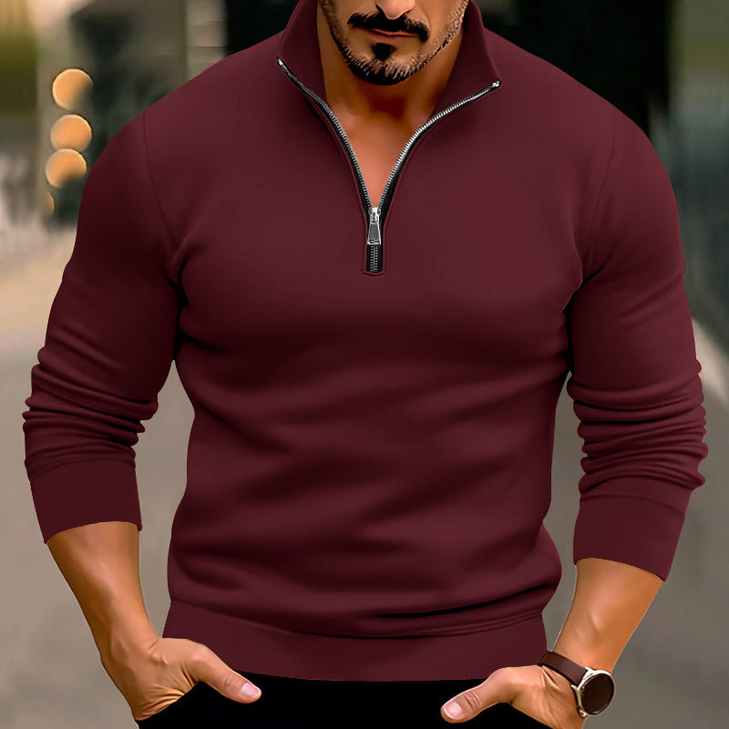 Men's fitted fine knit pullover with short zipper and stand-up collar Mune Fashion
