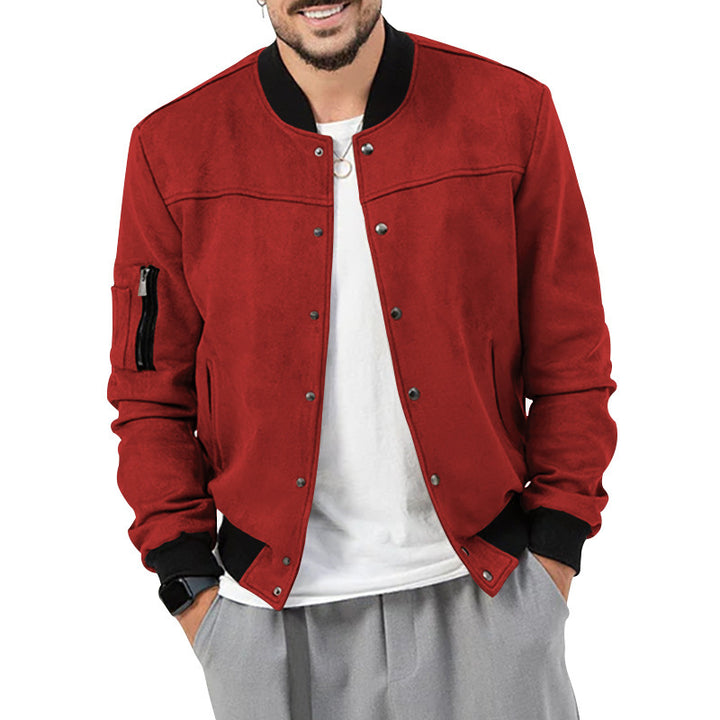 Men's velour look college bomber with press stud placket, ribbed collar and zip sleeve pocket Mune Fashion