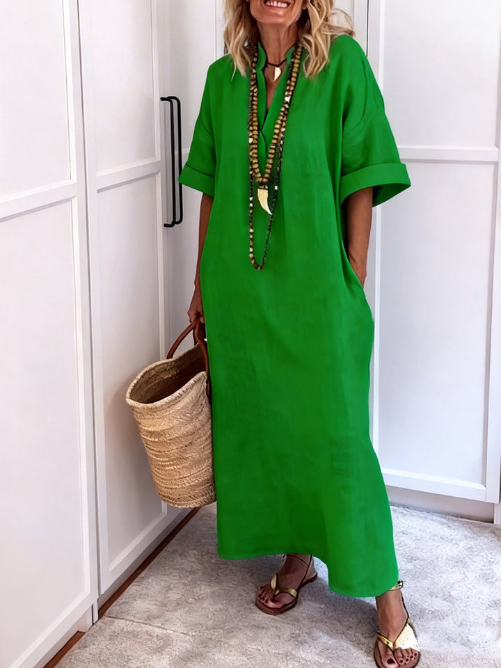 Women's Linen Maxi Dress with V-Neck and Practical Pockets Mune Fashion