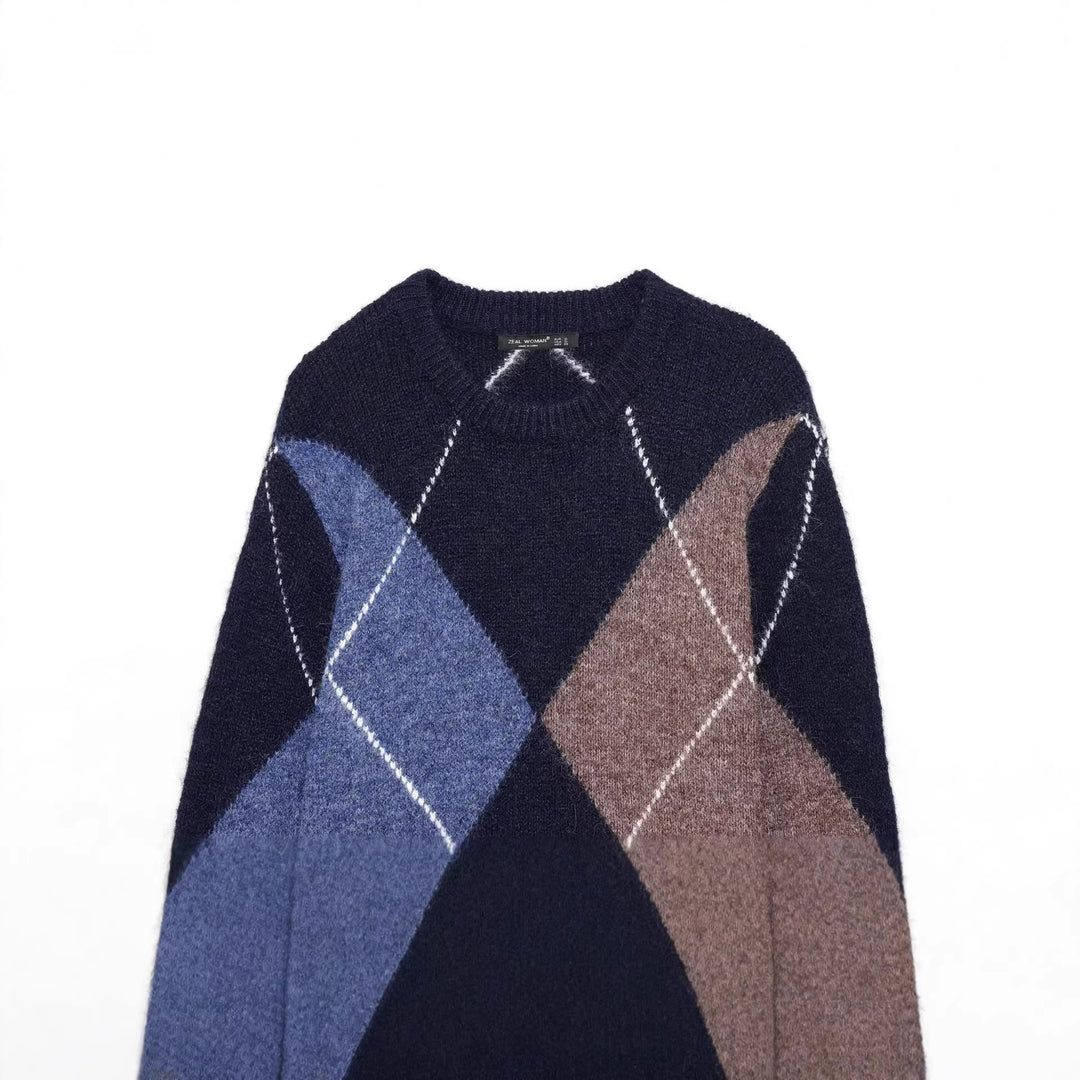 Women's thick knitted Argyle sweater with round neck, dropped shoulder, and wide ribbed cuffs Mune Fashion