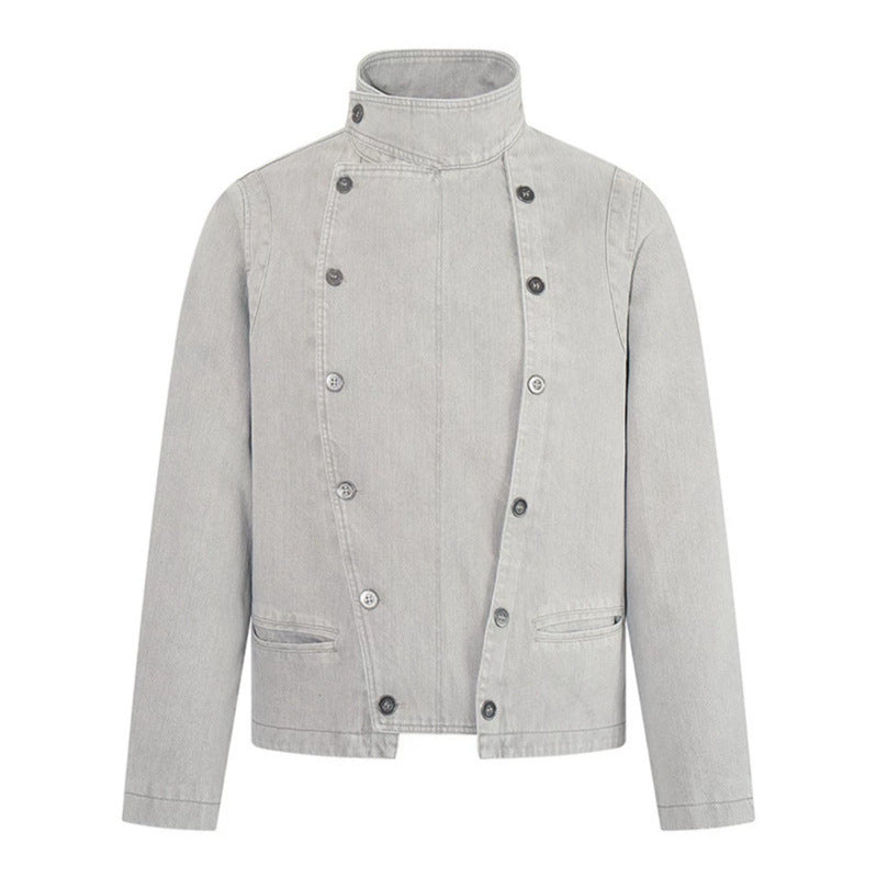 Men's asymmetrical denim jacket with stand-up collar and double-breasted snap closure Mune Fashion