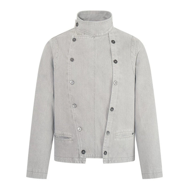 Men's asymmetrical denim jacket with stand-up collar and double-breasted snap closure Mune Fashion
