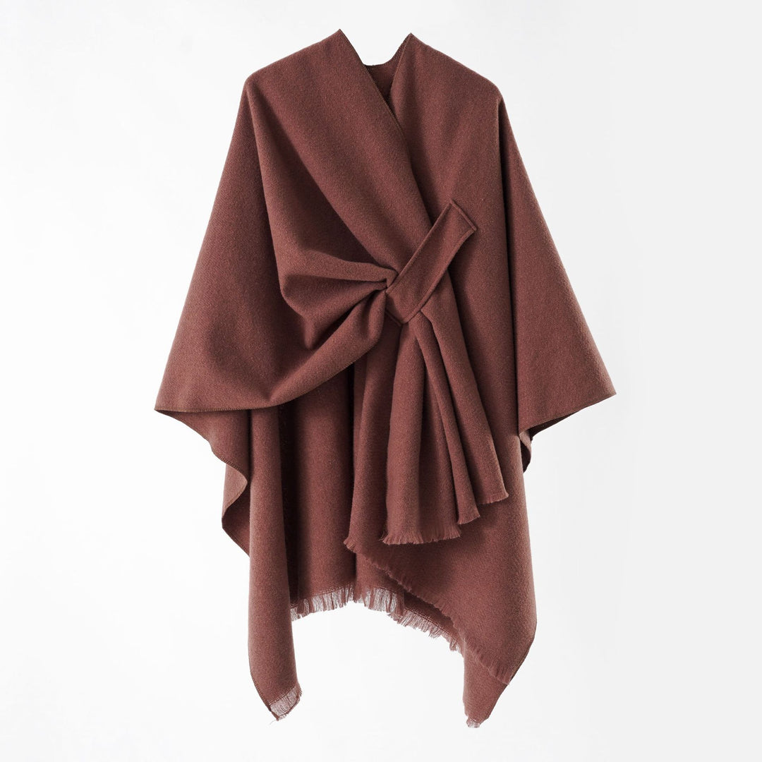 Women's lightweight wool blend wrap with fringes and tie belt Mune Fashion