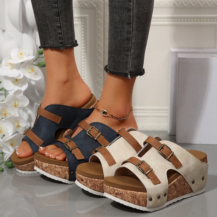 Ladies wedge slide with cork platform, adjustable double straps and padded comfort footbed Mune Fashion