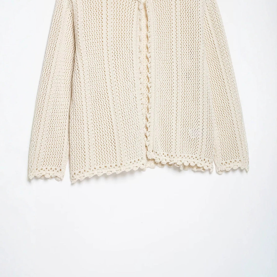 Women Loose Crochet Knit Cardigan with Fine Lace Pattern and Scallop Hem Mune Fashion