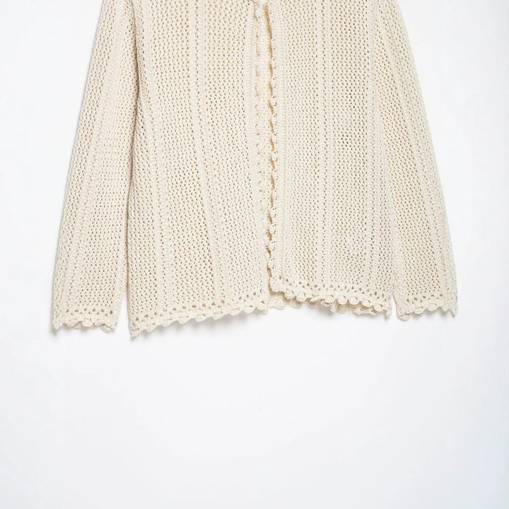 Women Loose Crochet Knit Cardigan with Fine Lace Pattern and Scallop Hem Mune Fashion